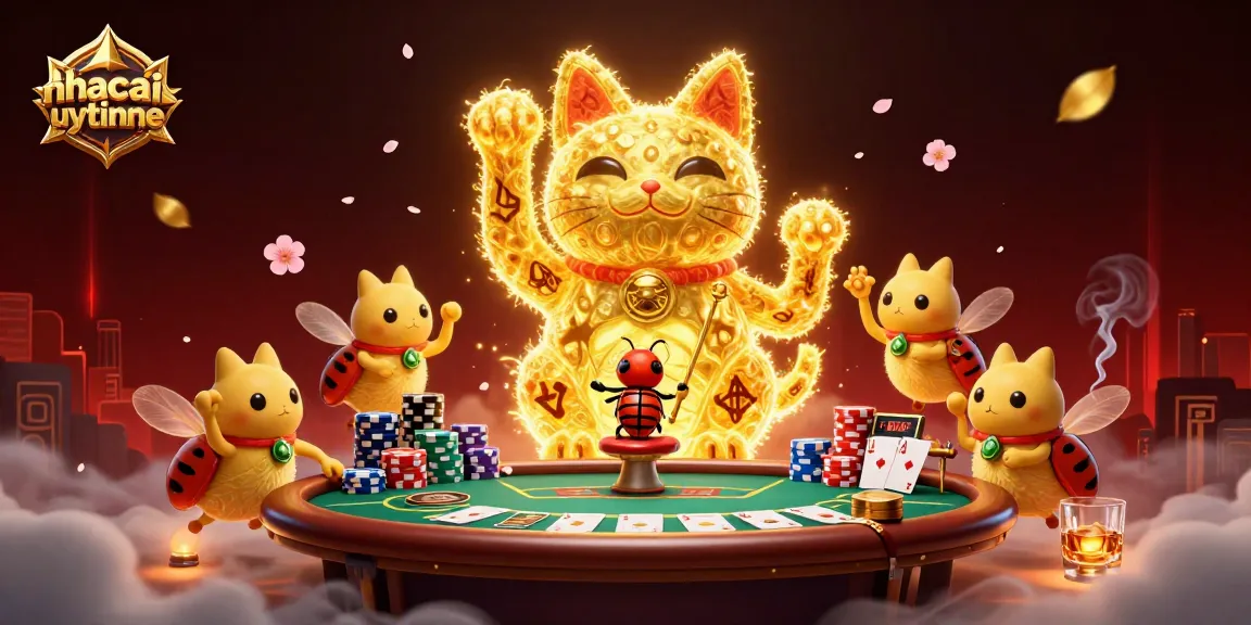 Transform your game with nhacaiuytinne's lucky cat amid vibrant casino symbols and poker elements.