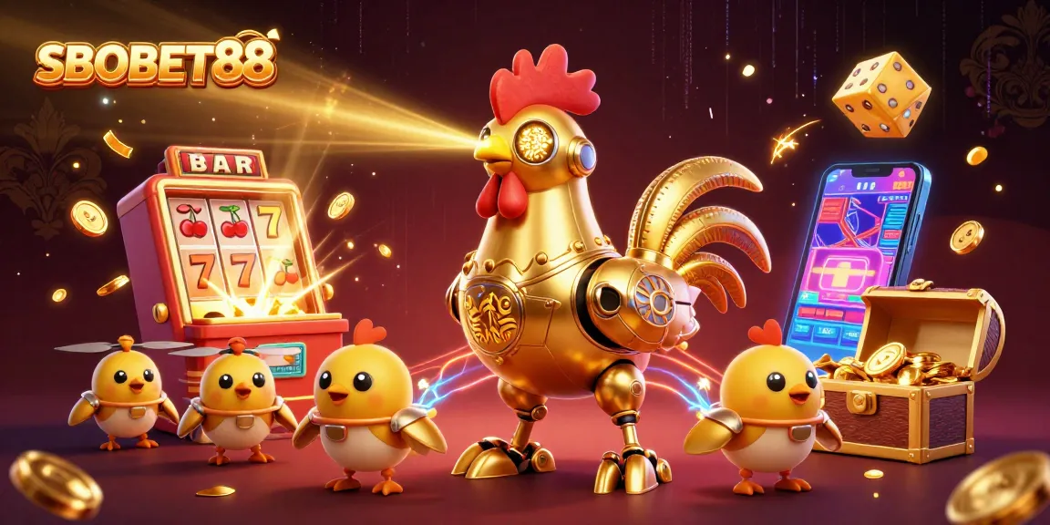 SBOBET88 menghadirkan ilustrasi menarik robot ayam emas futuristik di dunia kasino yang penuh kegembiraan.