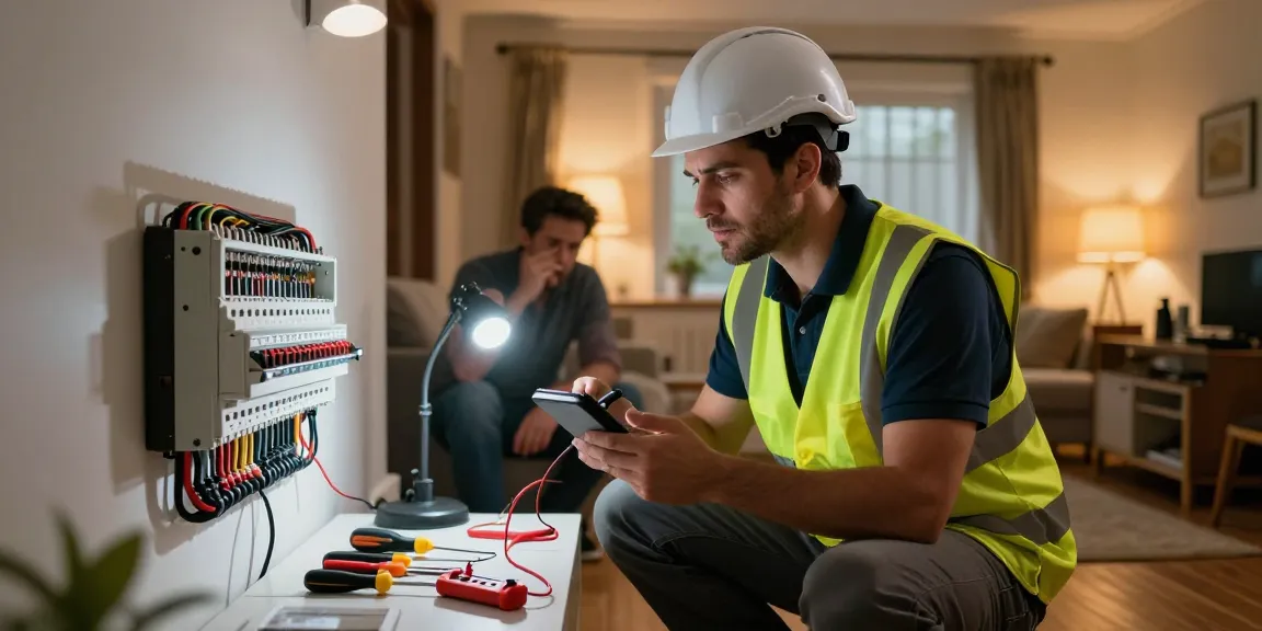 Emergency electrician in Bromsgrove fixing a fuse box during a power outage.
