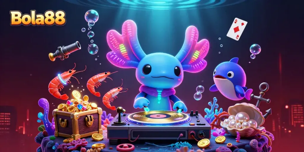 Bola88 delivers thrilling underwater casino vibes with a neon DJ, dancing shrimp, and vibrant treasures.