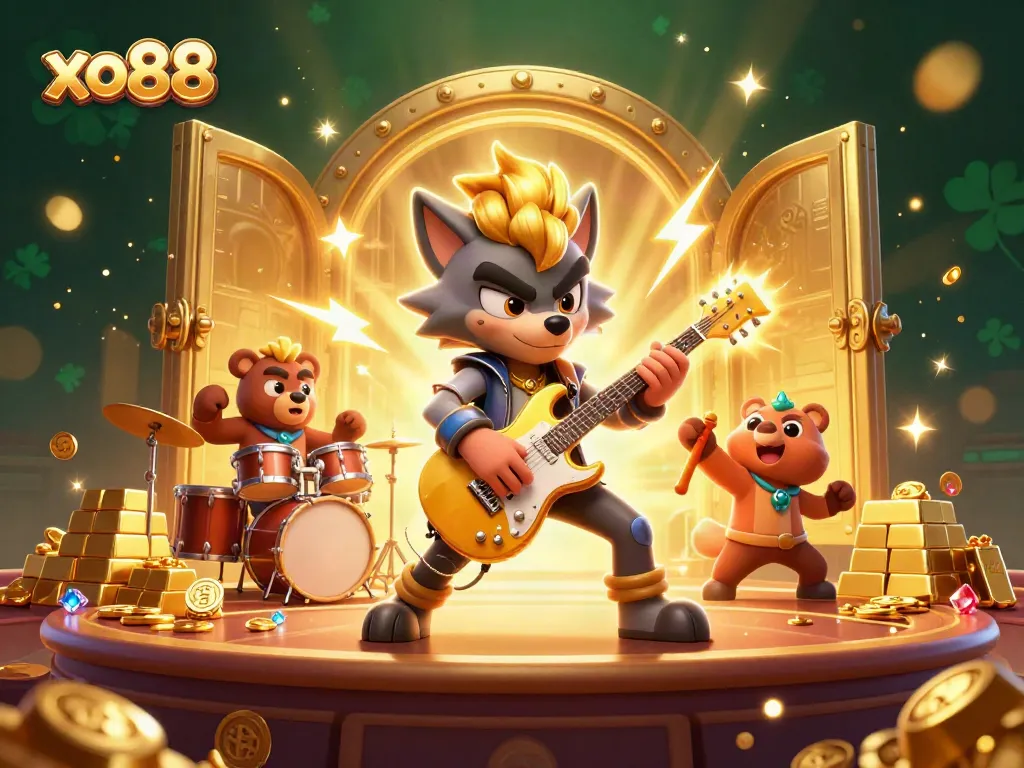 Experience the thrill of winning at xo88 with a vibrant casino stage illustration featuring unique characters and treasures.