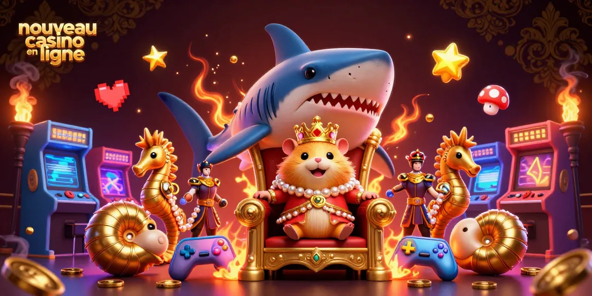 Illustration dynamique d'un nouveau casino en ligne avec un roi hamster, des gardes hippocampes et des éléments de jeu colorés.
