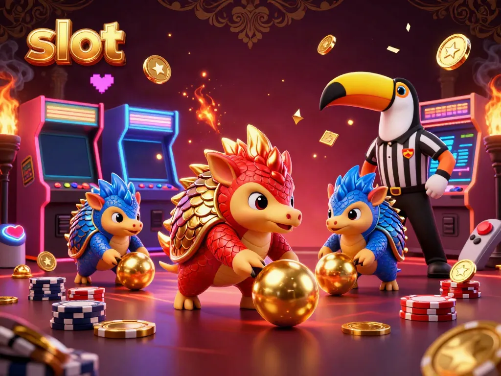 Permainan slot berputar dengan pangolins yang berkompetisi dan koin emas, suasana kasino yang meriah.