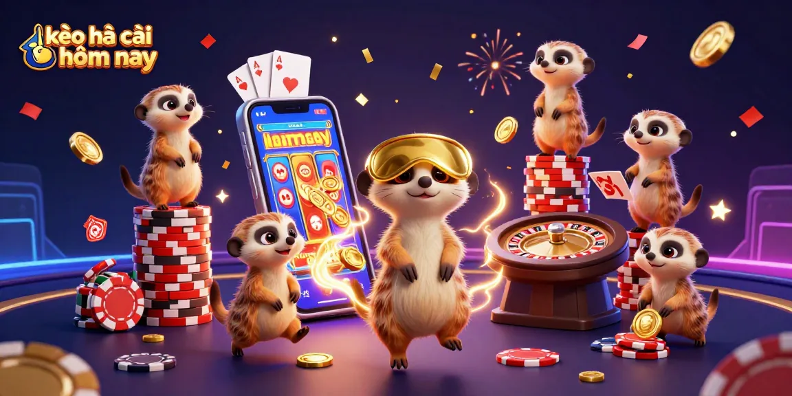 Engaging scene illustrating kèo nhà cái hôm nay with meerkats running a vibrant casino operation, showcasing excitement and betting.
