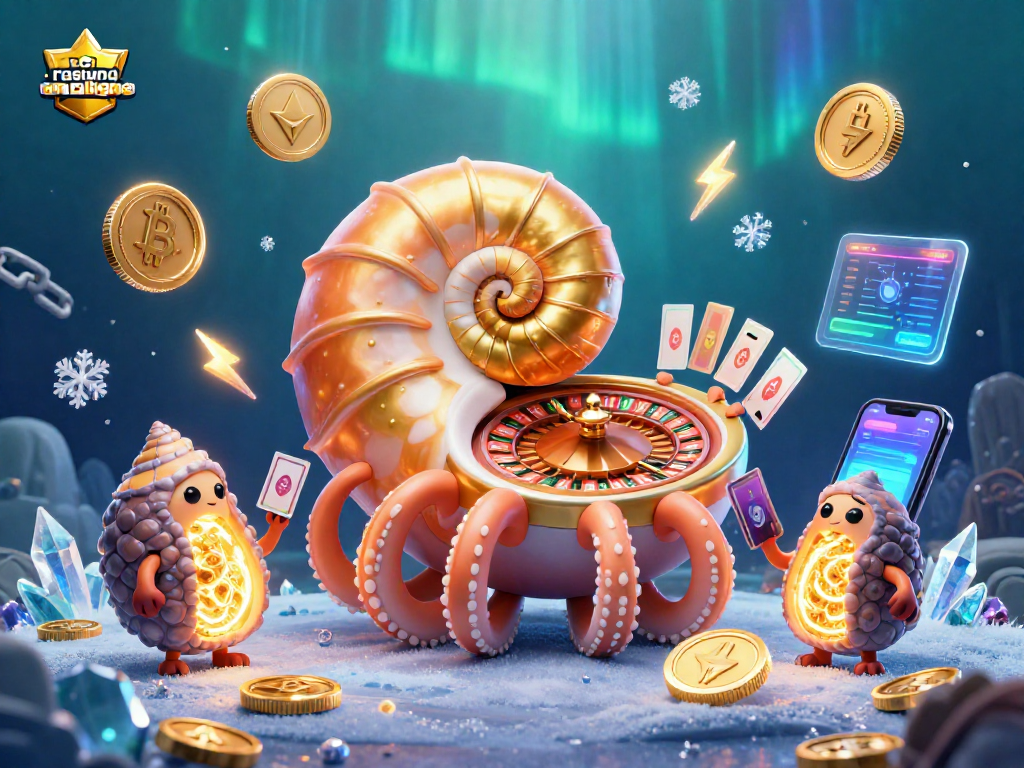 Découvrez le nouveau casino en ligne avec une illustration 3D captivante de jeux et crypto-monnaies.
