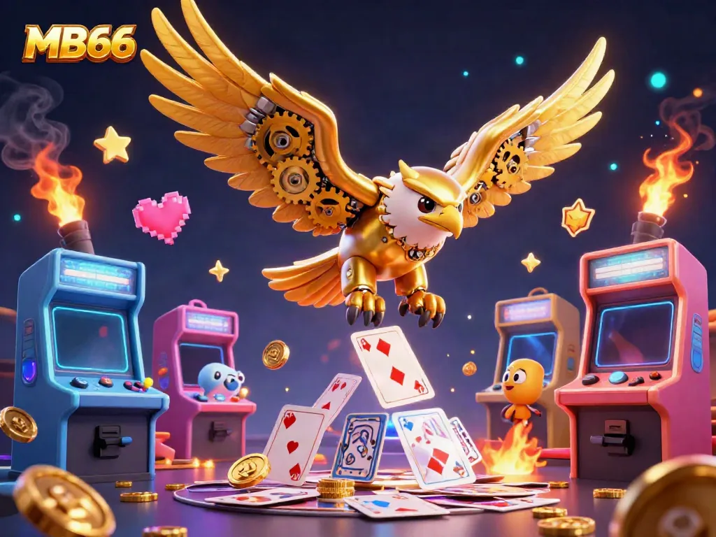 Experience the excitement of MB66 with a cybernetic eagle flying among holographic cards and gaming elements.