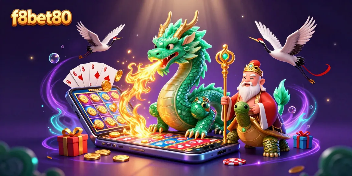 Experience the thrill of f8bet80 with a vibrant dragon, turtle sage, and lucky cranes amid casino elements.
