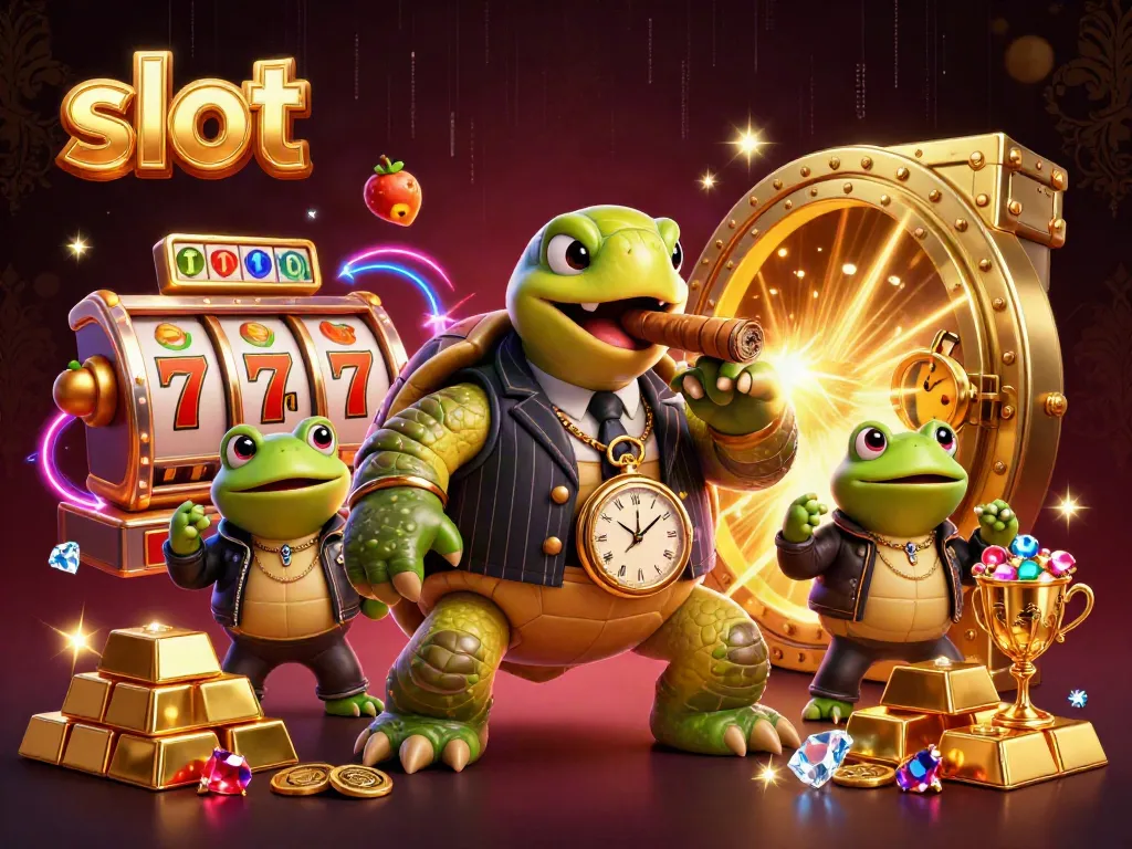 Slot permainan ditampilkan dengan penyu besar berpakaian gangster di kasino yang mewah.