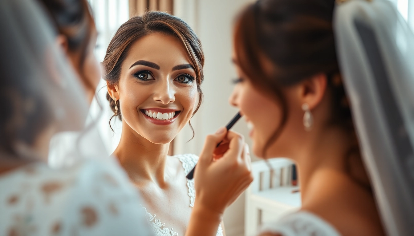 Dallas bridal glam team beautifying a bride's look in a bright suite environment.