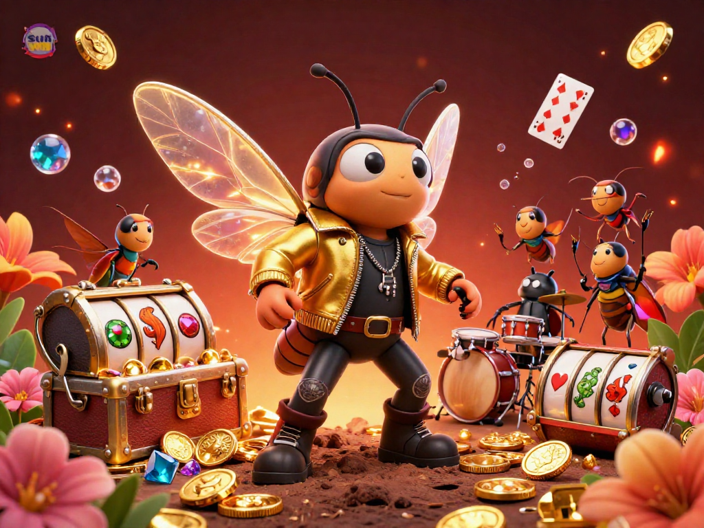 Experience win opportunities at Sun Win with a vibrant 3D casino scene featuring dynamic characters and slot elements.