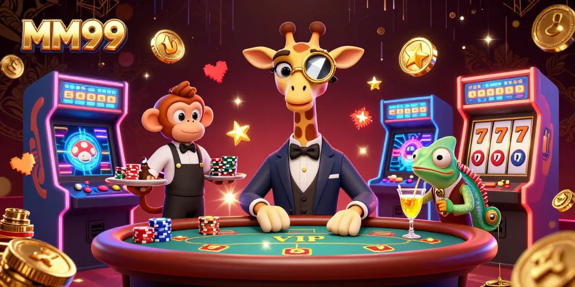 Engage with MM99's vibrant casino atmosphere featuring a high-roller giraffe and exciting games.