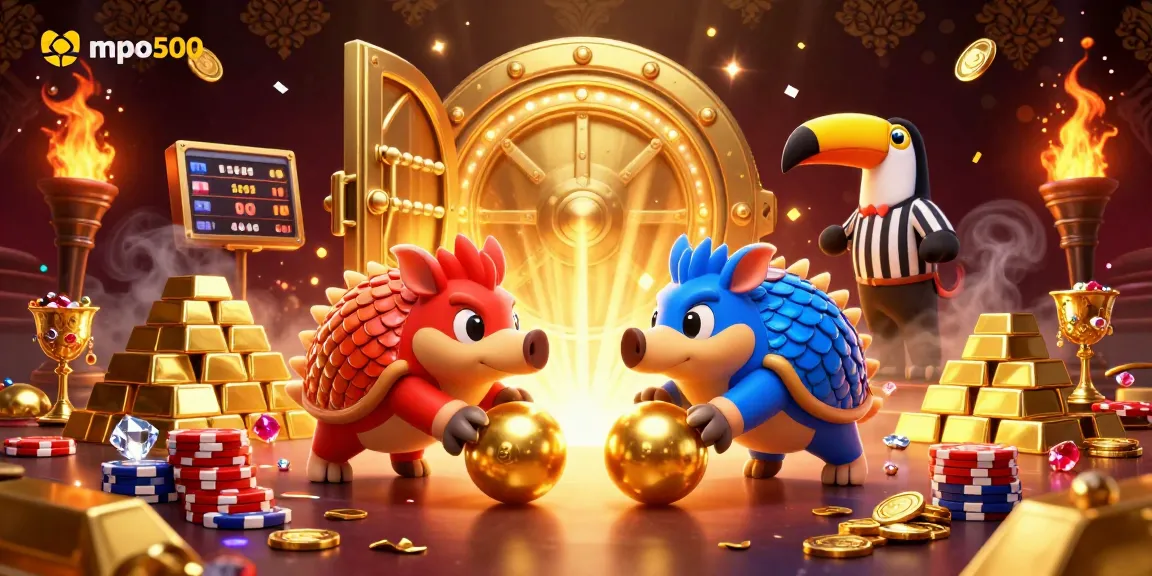Spin and win with mpo500 in this vibrant illustration featuring pangolins at a casino.