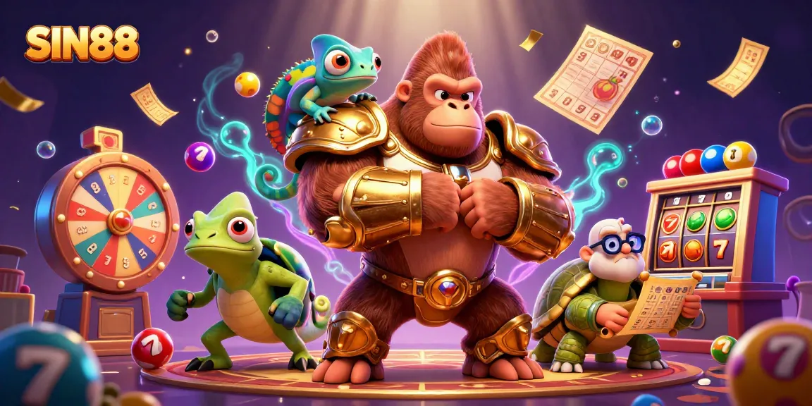 SIN88 showcases a powerful gorilla in armor with colorful lottery elements for an engaging gambling scene.