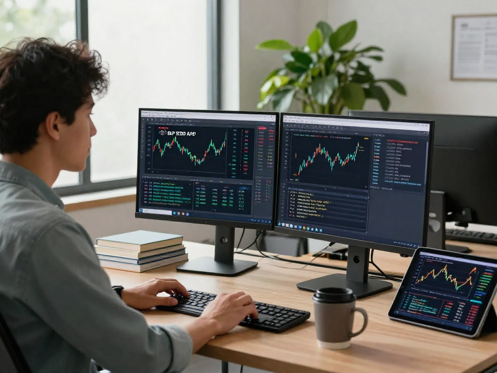 Developer analyzing S&P 500 quote API data in a modern workspace.