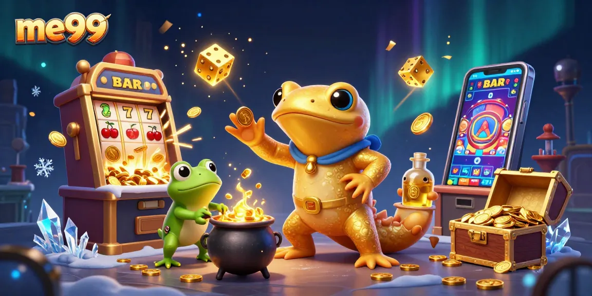 Experience me99’s vibrant casino world with golden treasures and captivating game elements.