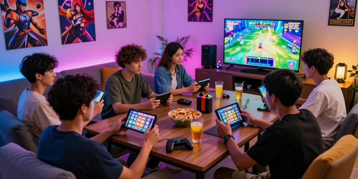 Friends enjoying the jepang slot game experience in a lively gaming setup.