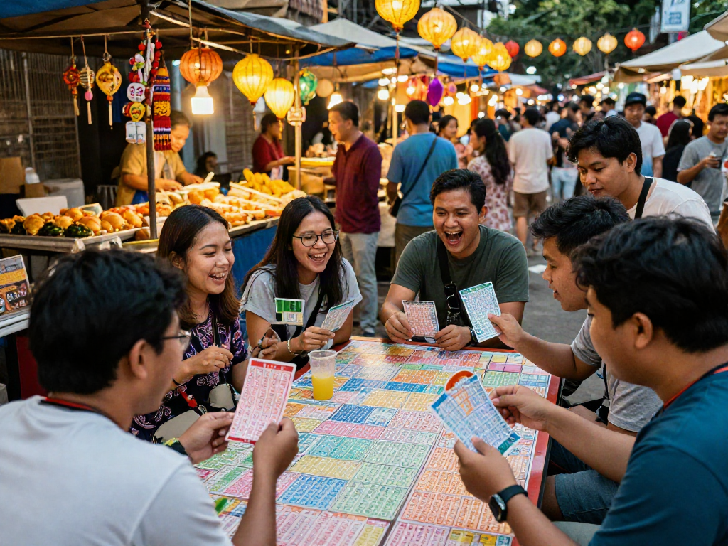 Group of friends joyfully playing situs togel at a festive street market amidst vibrant stalls and warm lantern light.