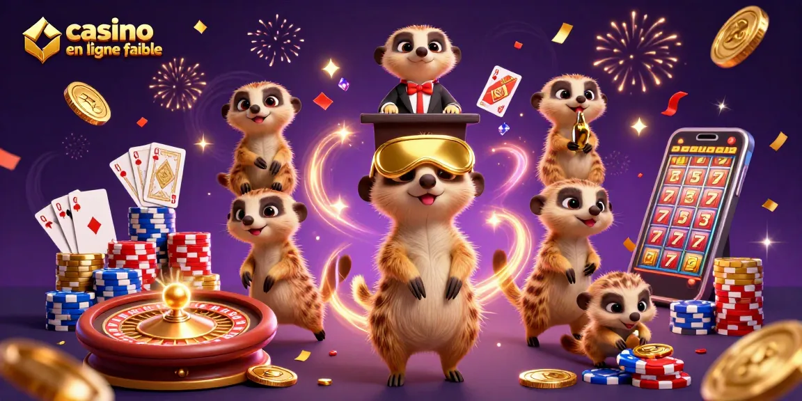 Visitez un casino en ligne fiable tout en profitant d'une illustration de meerkats gérant un casino dynamique.