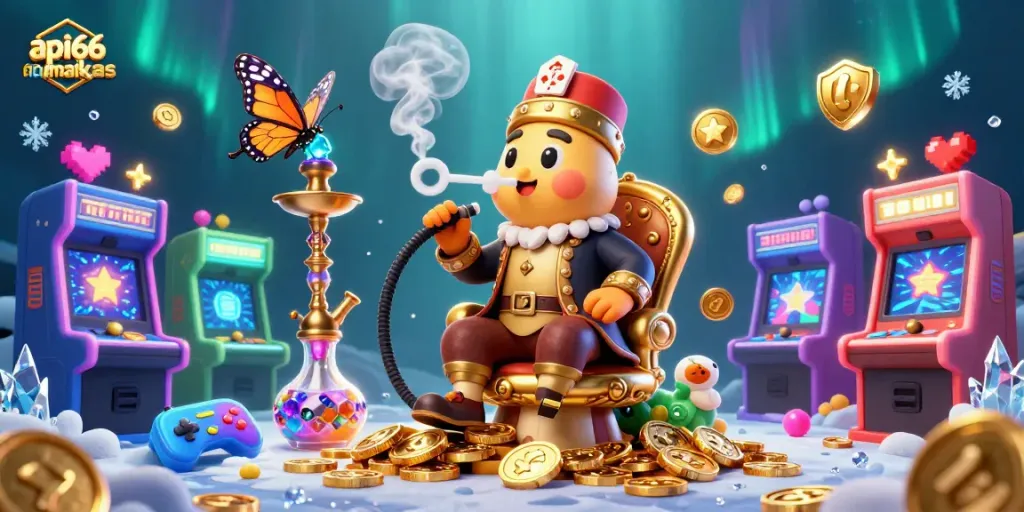 Experience the vibrant api66markas casino scene with a caterpillar hookah-master, poker symbols, and arcade elements for thrilling gameplay.