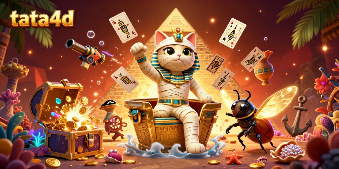 Tata4d's thrilling casino scene featuring a mummy cat and treasures amidst vibrant gaming elements.