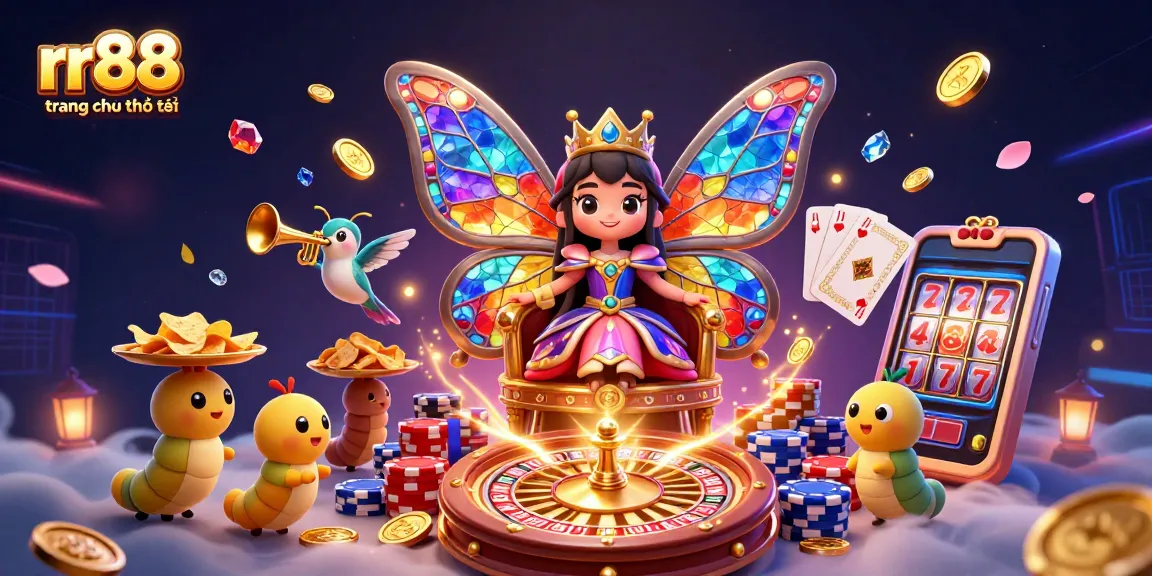 Experience rr88 trang chủ chính thức with a vibrant casino illustration featuring a butterfly queen and dynamic gaming elements.