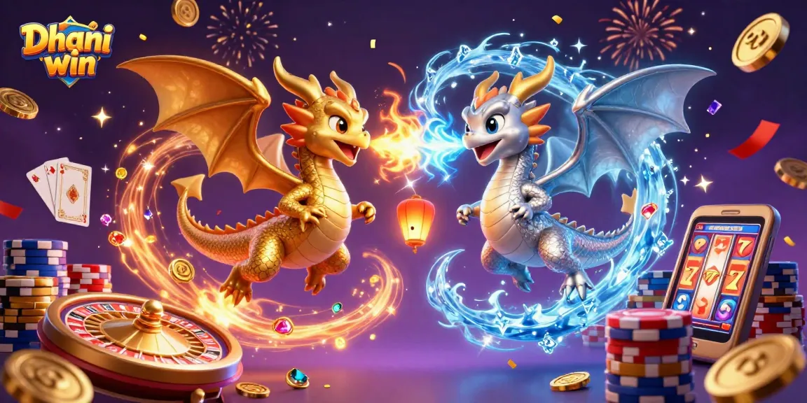 Dhani win showcases thrilling gaming with dragons, coins, and festive bursts in a 3D scene.