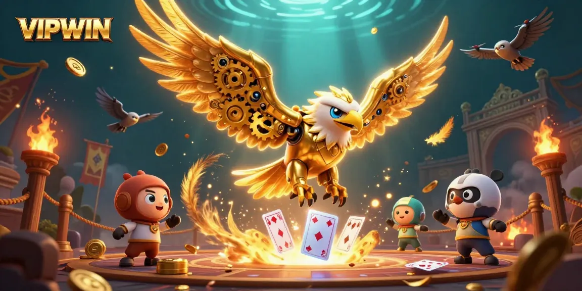Experience gaming excitement with VIPWIN as a golden eagle dives through vibrant holographic cards.