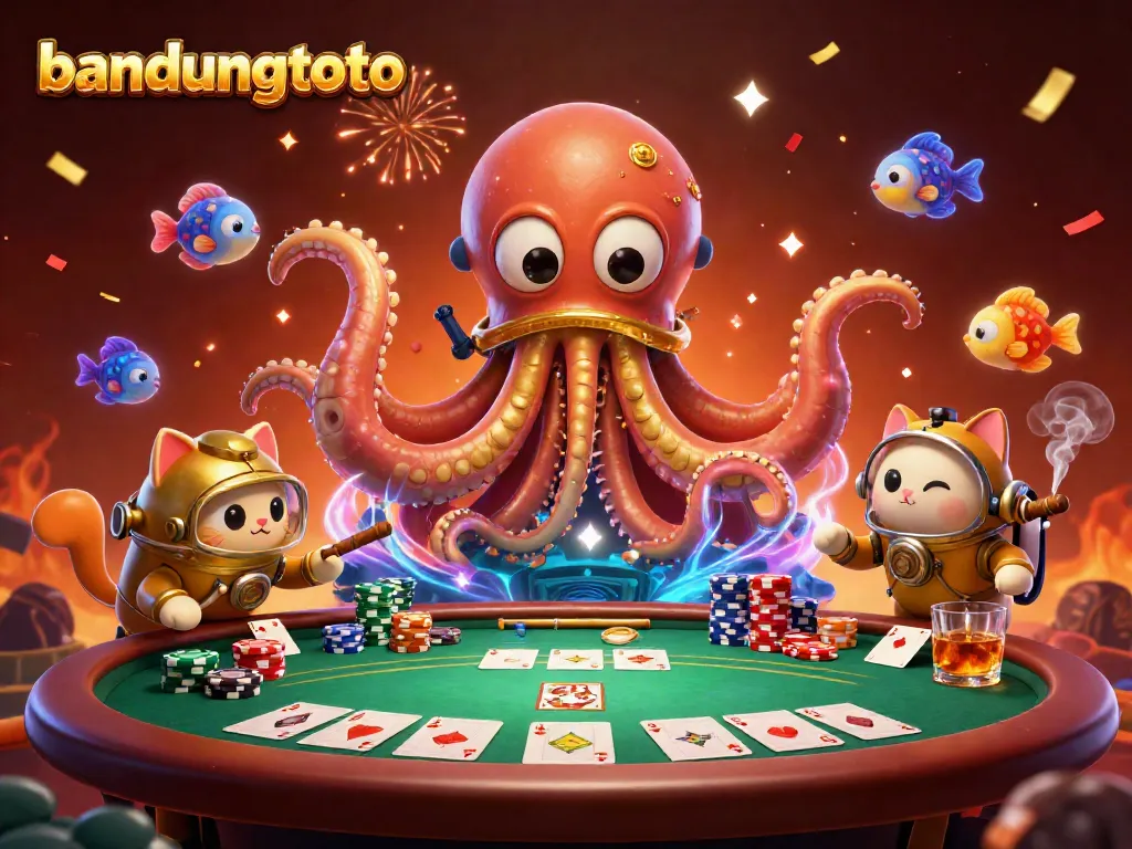 Unleash your luck at bandungtoto with a kraken, diving cat, and poker set in a vibrant casino scene.