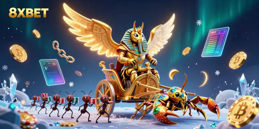 Engage with the enchanting 8XBET world of online gaming featuring vibrant characters and cryptocurrency elements.