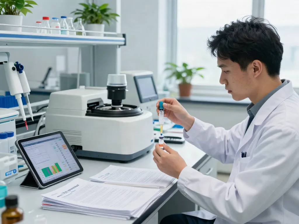 Buy klow peptide Canada in a modern lab setting with researchers analyzing peptide blends for safety and efficacy.