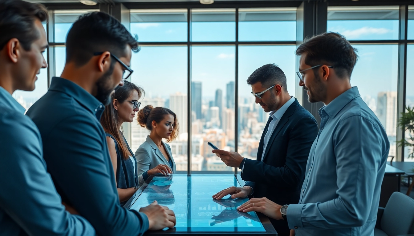 AI agents collaborating in a modern office setting with diverse professionals and technology.