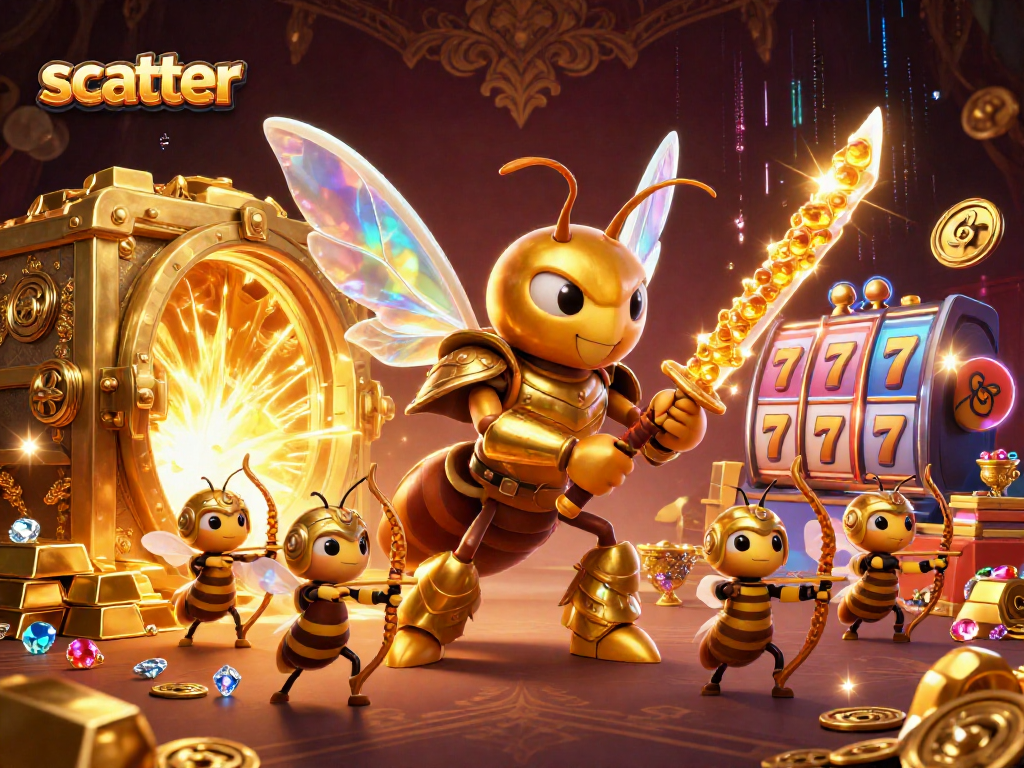 Spin the scatter symbols for big wins in a vibrant 3D casino themed illustration.