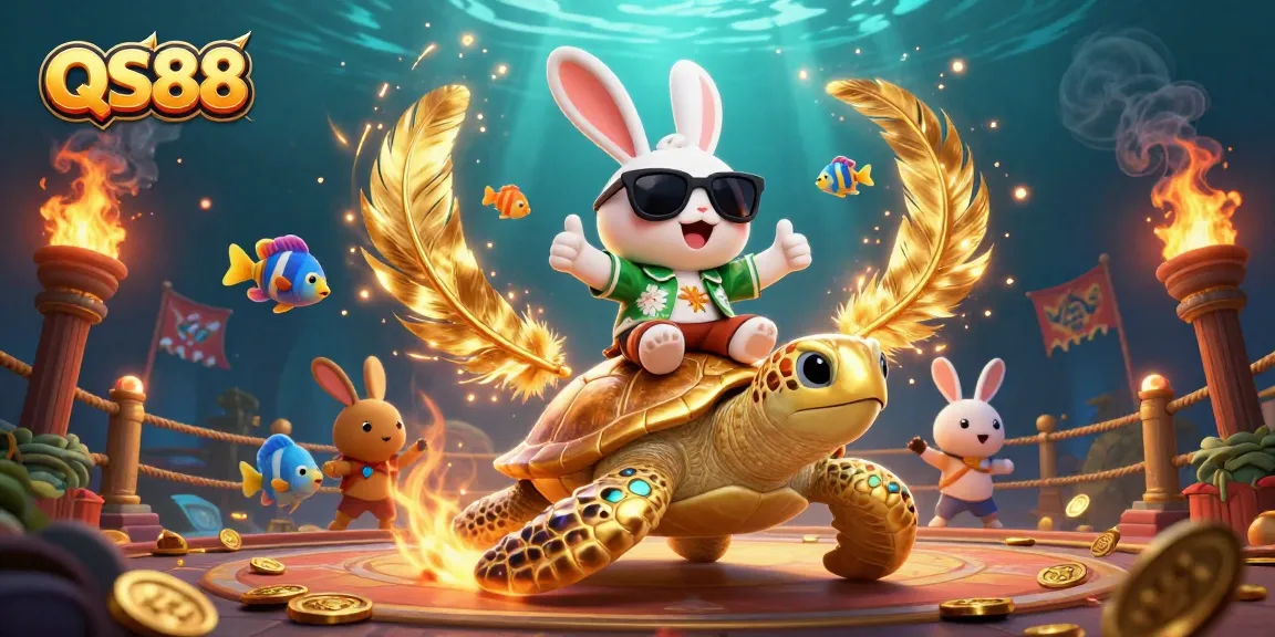 Experience the thrill of winning on QS88 with a vibrant 3D casino scene featuring a lucky rabbit and sea turtle.