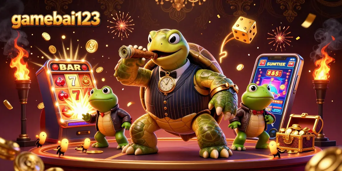 Engage in thrilling casino action with gamebai123, featuring a dynamic 3D illustration of gambling characters and symbols.