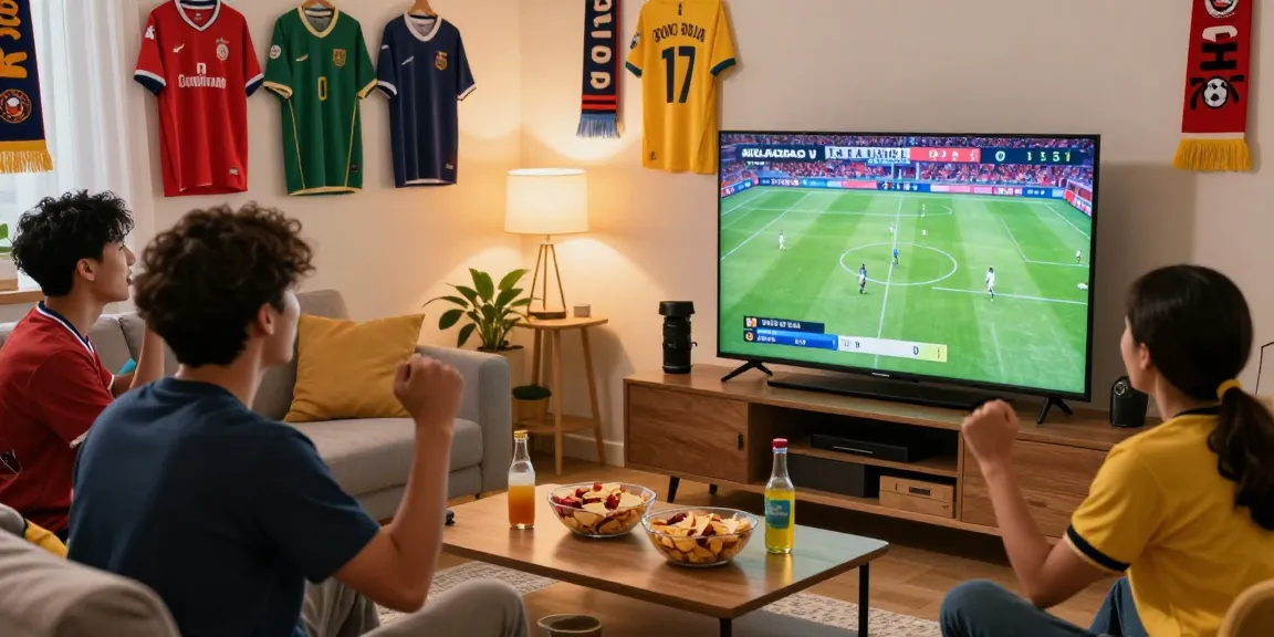 Excited football fans enjoying live koora match in vibrant living room.