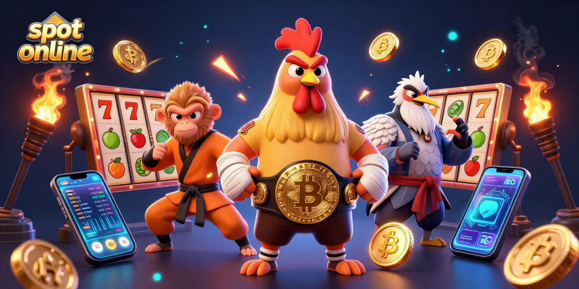 Engage with exciting slot online gameplay featuring vibrant characters, jackpots, and cryptocurrency elements.