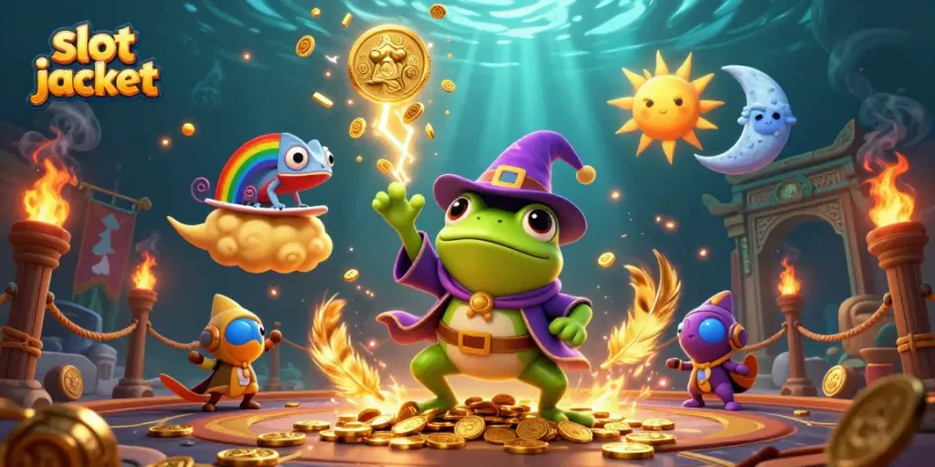 Experience the thrill of slot jackpot with a 3D cartoon wizard frog and dazzling golden coins.