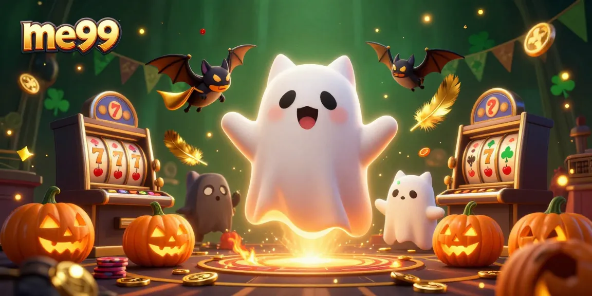 Engage with me99’s thrilling casino experience featuring a ghost cat and bat companion amidst slot machines.