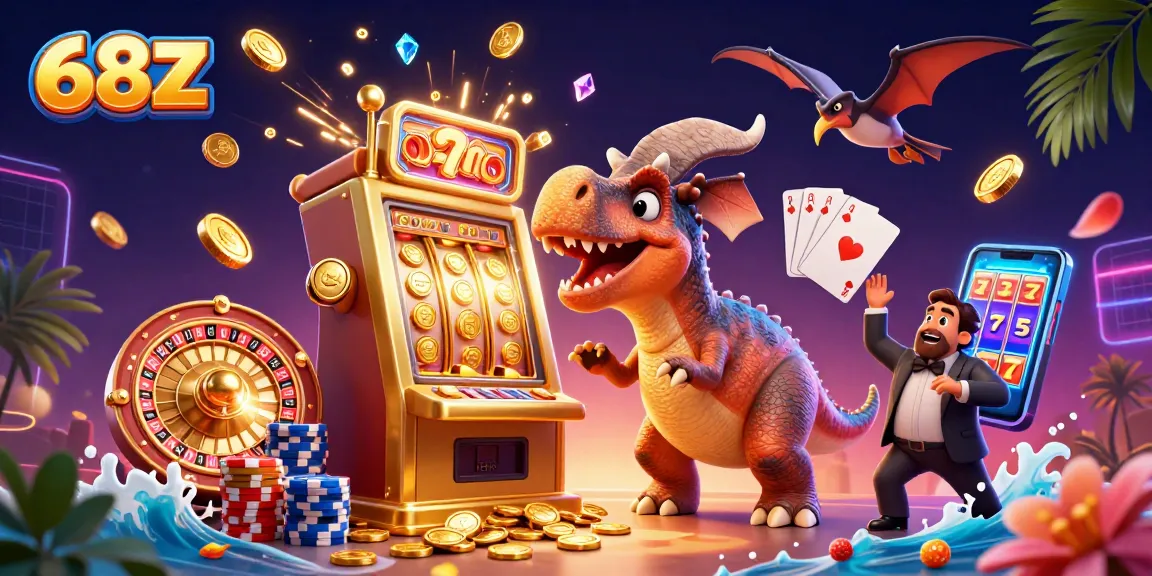 Veja a cena do 68Z onde dinossauros jogam com caça-níqueis enquanto moedas de ouro voam.
