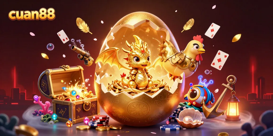 Memenangkan jackpot di cuan88 dengan naga emas dan chip poker di sekelilingnya.