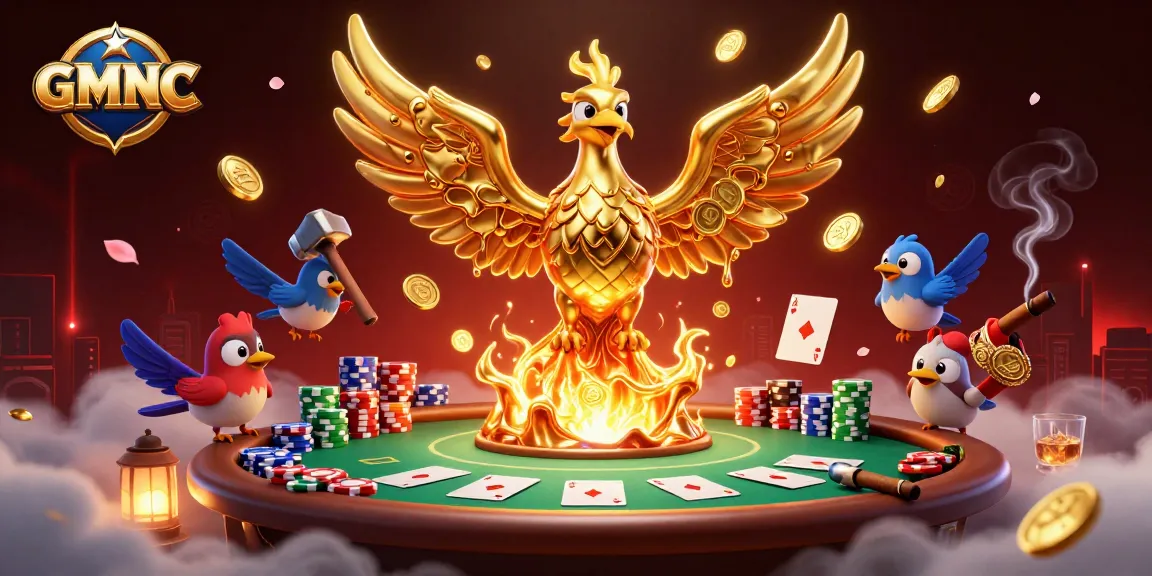 Experience the vibrant GMNC gaming scene with a molten golden phoenix and poker elements.