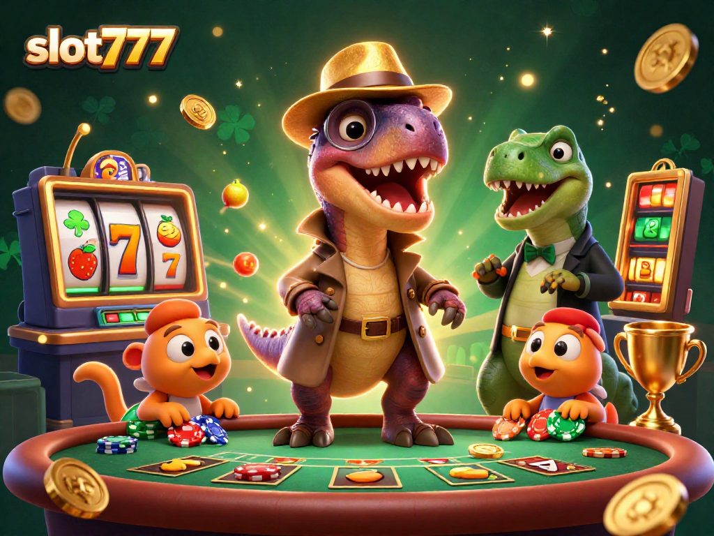 Engage with slot777 games featuring characters at a blackjack table amidst colorful slots and trophies.