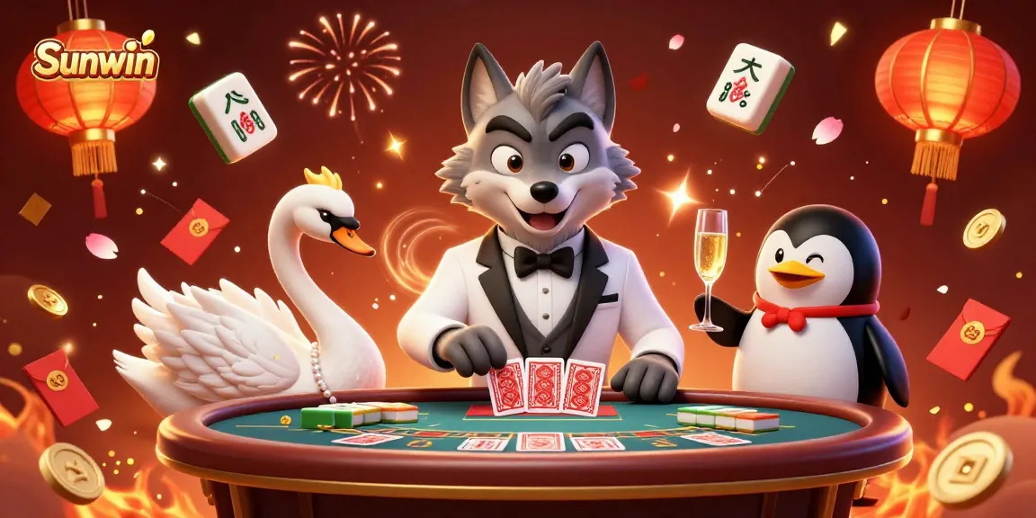 Experience winning moments at Sunwin with a wolf, swan, and penguin at a baccarat table.