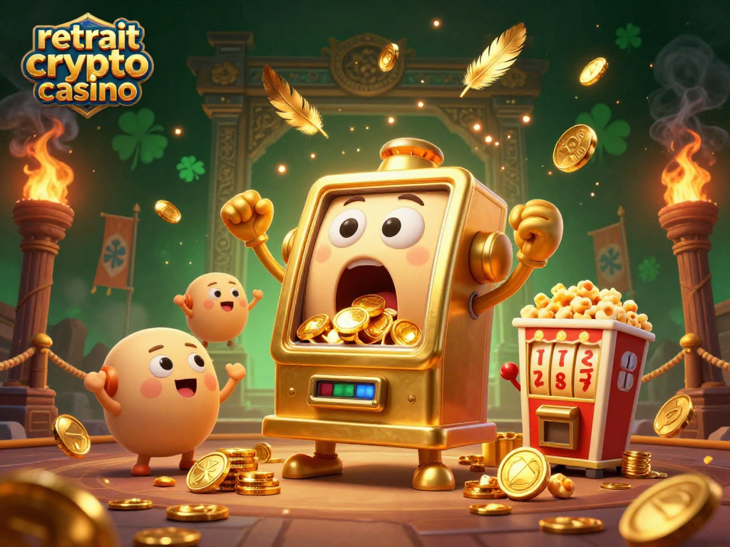 Retrait crypto casino : illustration d'un jackpot de machine à sous avec pièces dorées et personnages animés