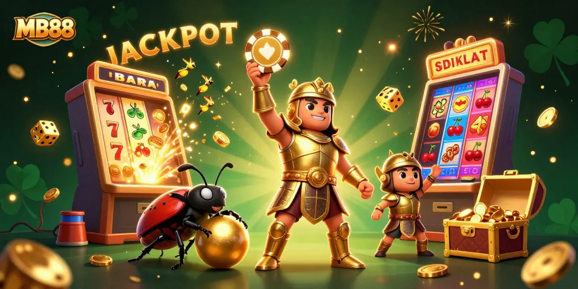 Experience the thrill of MB88 with a 3D jackpot scene featuring a victorious beetle and vibrant casino elements.