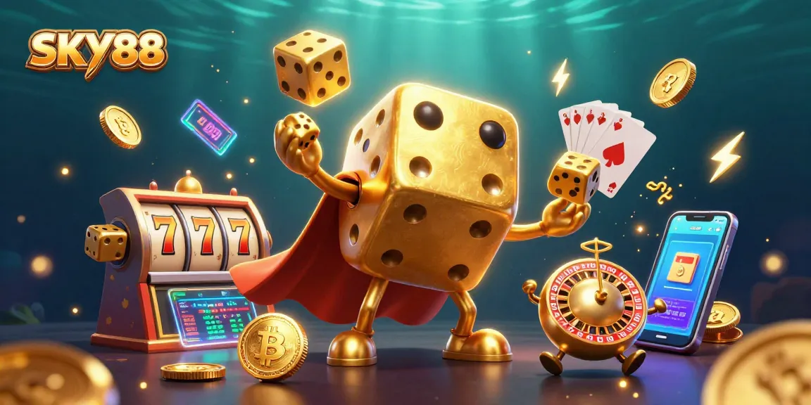 Engage in thrilling slots action with SKY88’s golden dice golem and vibrant crypto elements.