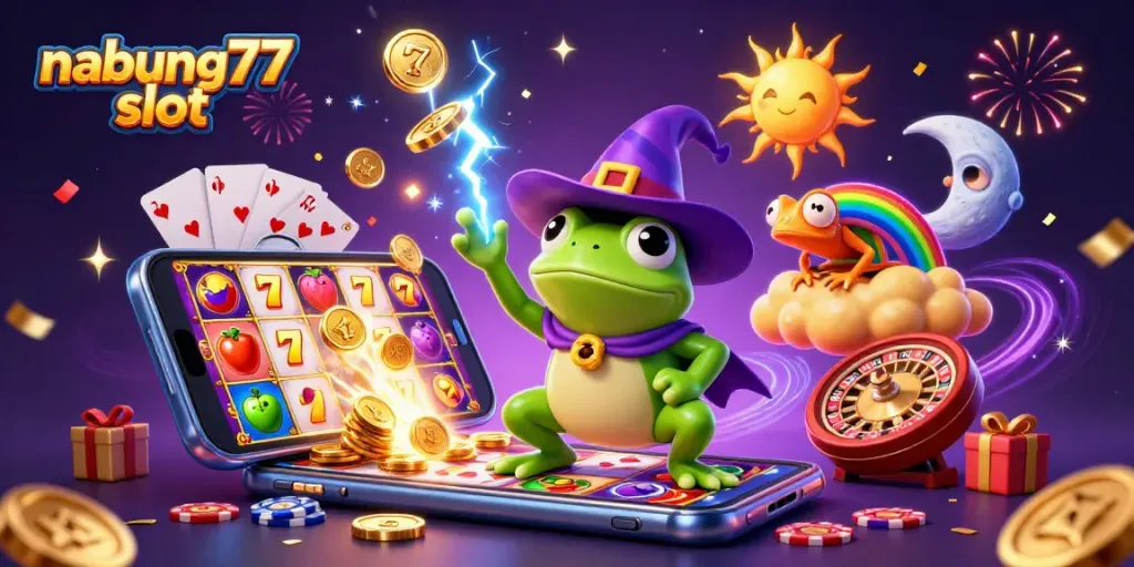 Spin the reels with nabung77 slot as the wizard frog conjures golden coins!