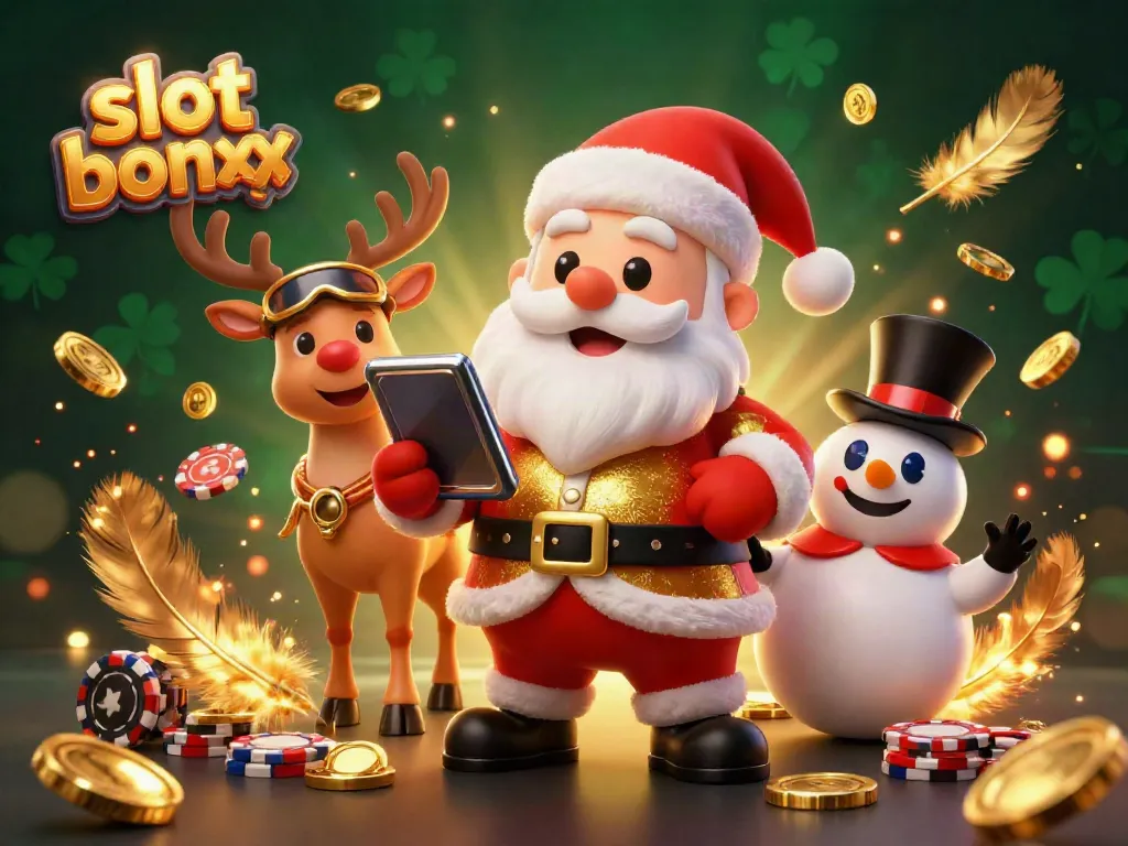 Experience the excitement of slot bonus features with Santa and friends in a vibrant casino scene.