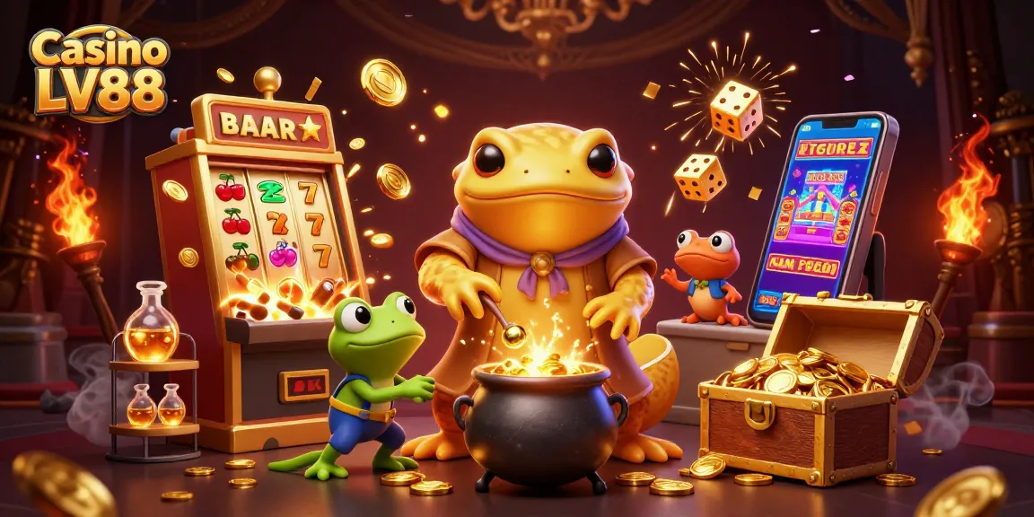 Experience thrills at Casino LV88 with a vibrant 3D scene featuring gold coins and lucky symbols.