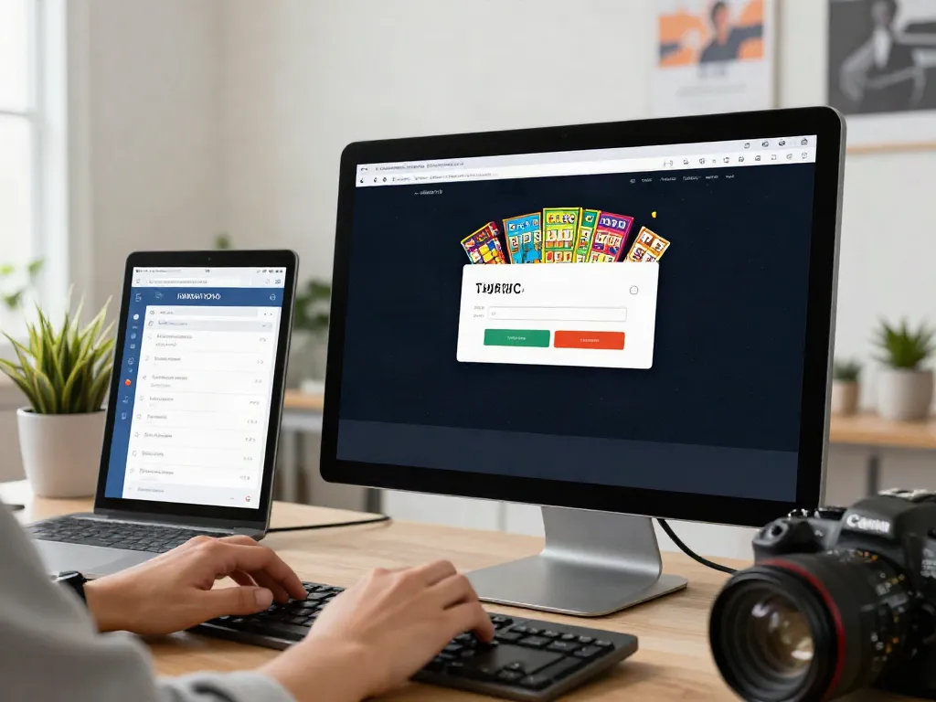 HARGATOTO togel online login scene with vibrant graphics and laptop.